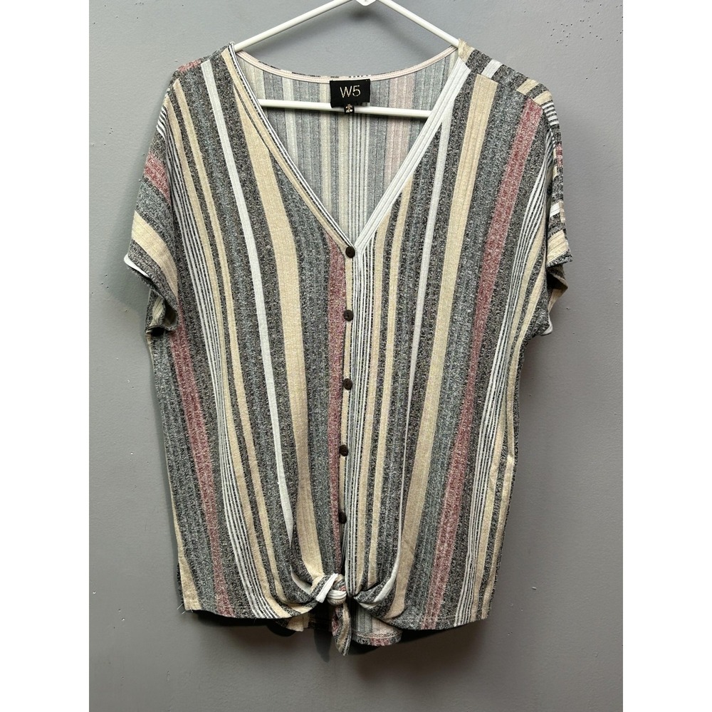 W5 Top Womens Medium Multicolor Striped Button Front Tie Hem Casual‎ 23140RIB